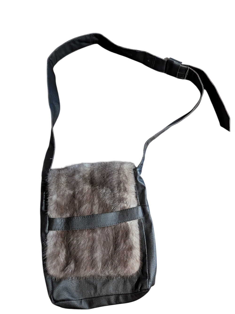 Dark Brown Faux Leather Crossbody Bag with Gray Fur Panel